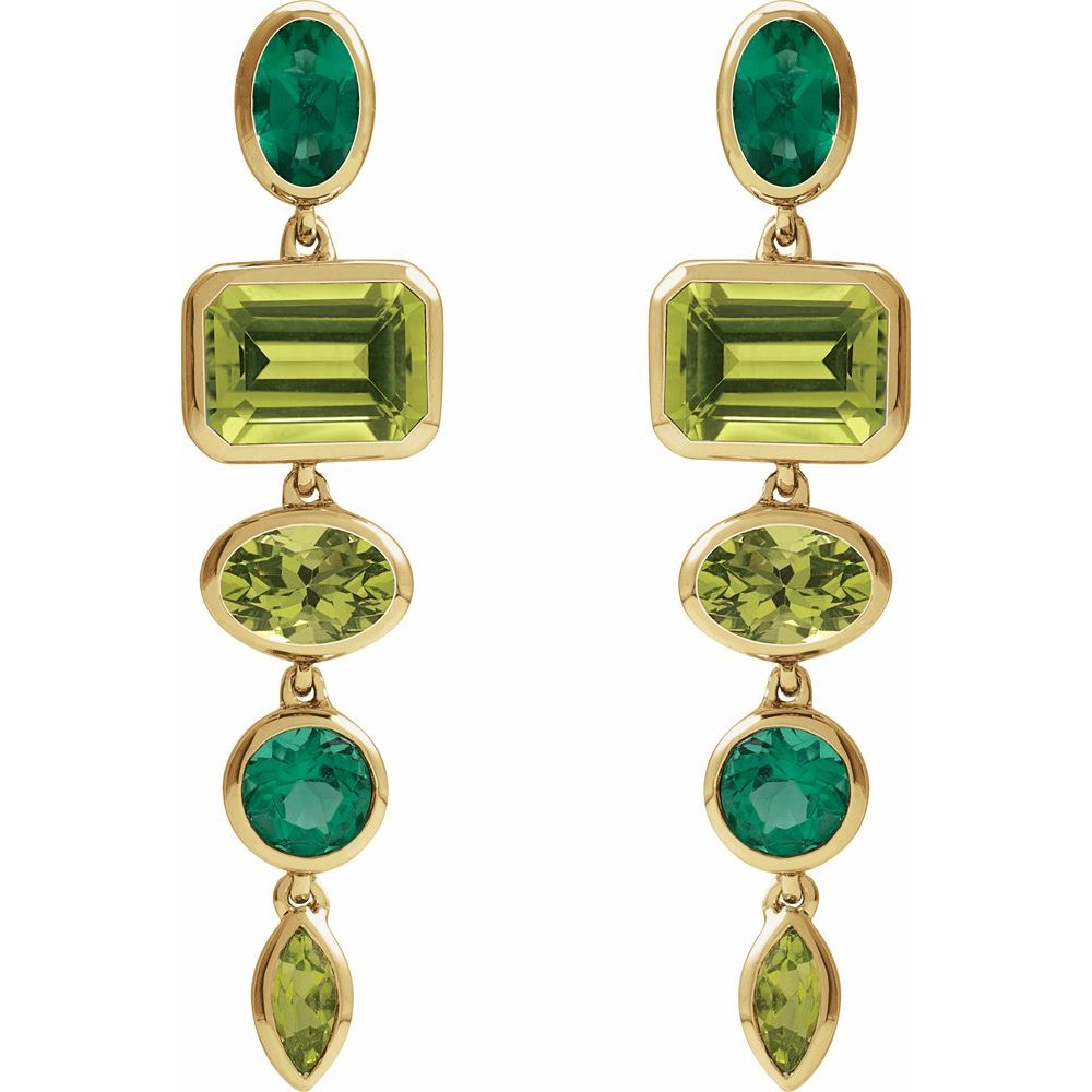14K Yellow Natural Peridot & Lab-Grown Emerald Dangle Earrings