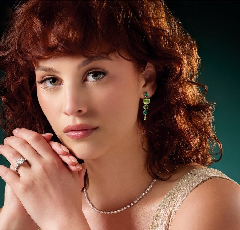 14K Yellow Natural Peridot & Lab-Grown Emerald Dangle Earrings