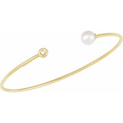 14K Yellow Cultured White Freshwater Pearl & .03 CT Natural Diamond Cuff Bracelet