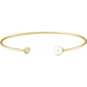 14K Yellow Cultured White Freshwater Pearl & .03 CT Natural Diamond Cuff Bracelet