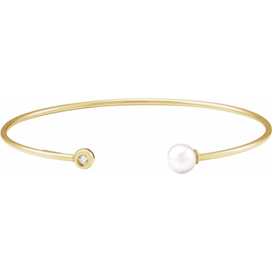14K Yellow Cultured White Freshwater Pearl & .03 CT Natural Diamond Cuff Bracelet